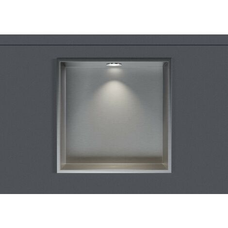 BERNSTEIN - Niche murale douche acier inox + Spot LED, étagère rangement douche salle de bain encastrable - 30x30x10cm - Couleur au choix - Acier inoxydable brossé, 1x cadre d'installation spot chromé