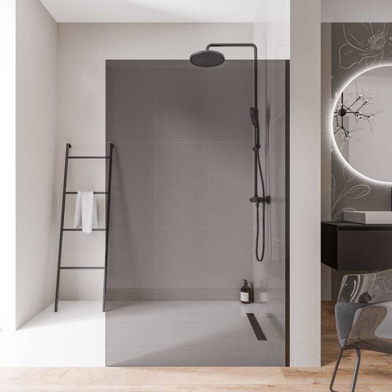 Paroi de douche italienne 80x200cm, verre fumé nano 10mm, profilé mural inox noir mat, sans profilé sol - EX102 800mm, Sans profilé de sol - Bernstein