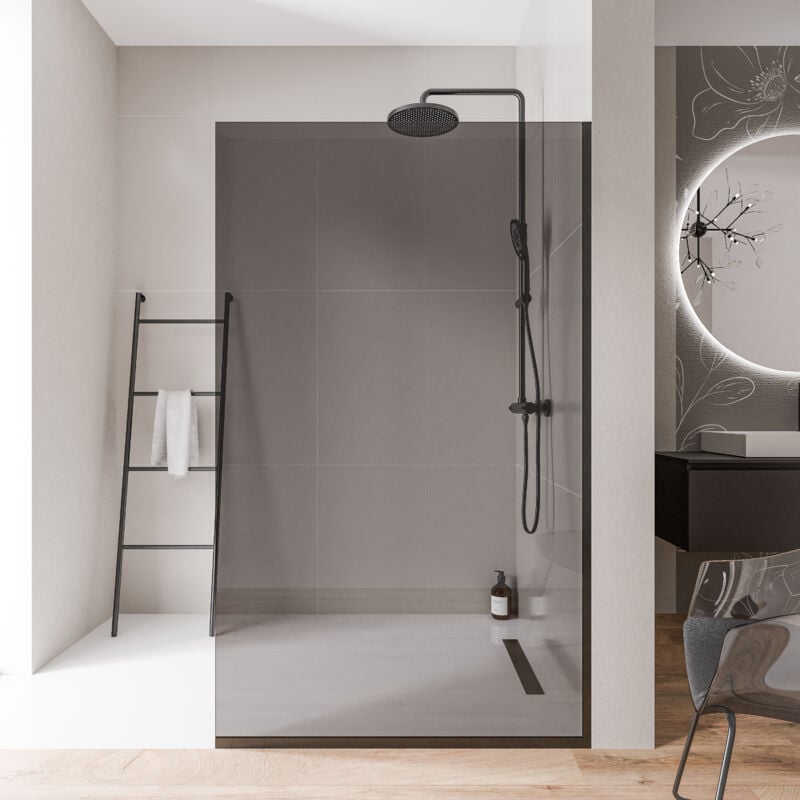 Paroi de douche italienne 80x200cm, verre fumé nano 10mm, profilé mural + sol noir mat - EX102 800mm, Avec profilé de sol - Bernstein