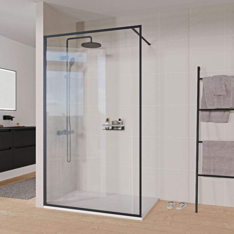 Paroi de douche italienne 100x200cm, verre nano 8mm, profilé mural + barre stabilisation noir mat - frame 1000mm - Bernstein