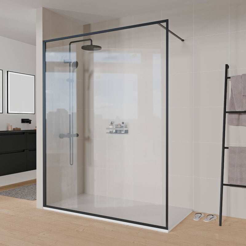 Paroi de douche italienne 140x200cm, verre nano 8mm, profilé mural + barre stabilisation noir mat - frame 1400mm - Bernstein