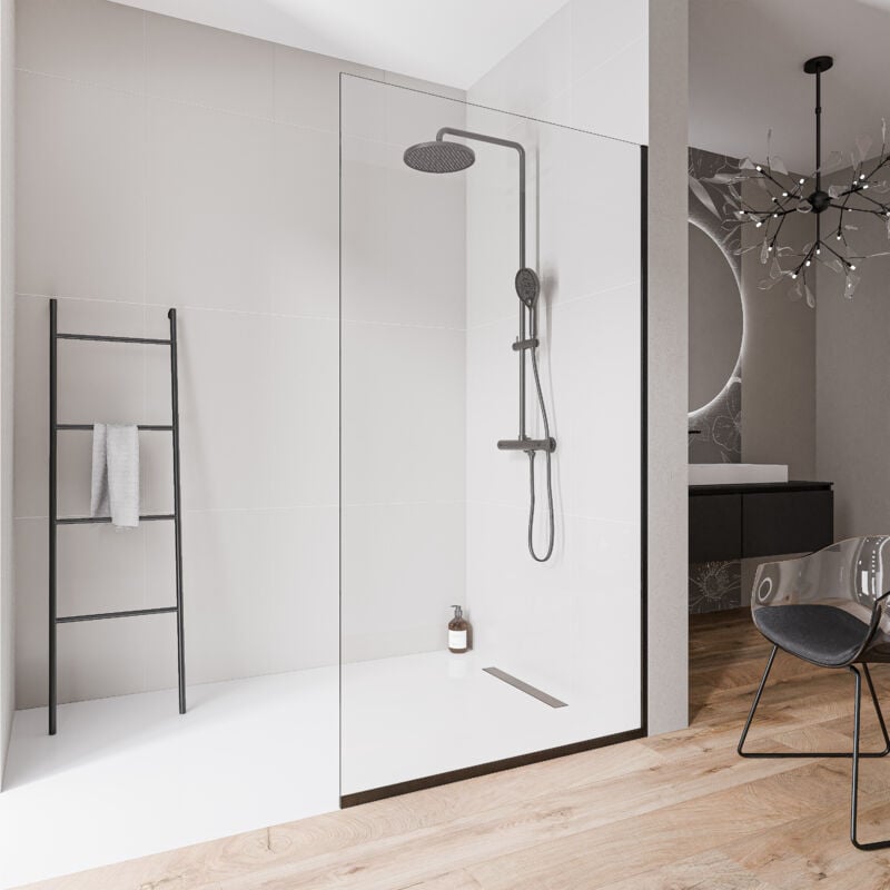 Paroi de douche italienne 160x220cm, verre nano 10mm, profilé mural + sol noir mat - EX102-2 1600 mm, Avec profilé de sol - Bernstein