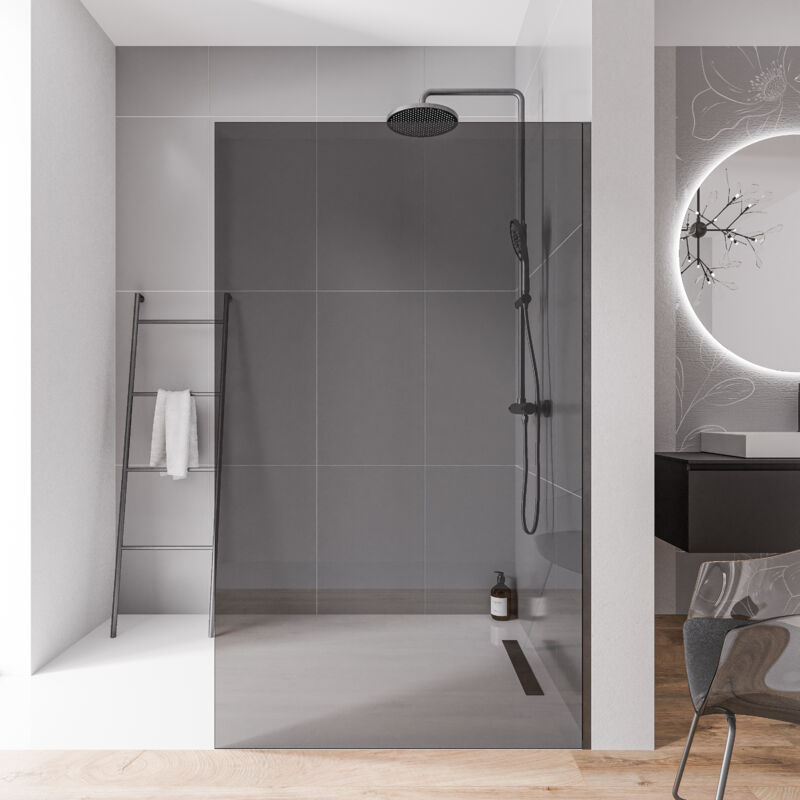 Paroi de douche italienne 120x200cm, verre fumé nano 10mm, profilé inox noir brossé - EX102 1200mm - Bernstein