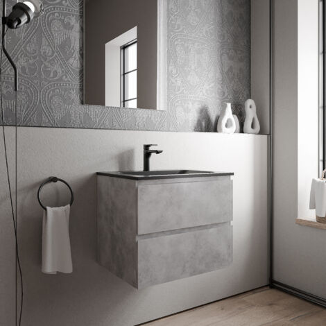 BERNSTEIN - Petit meuble vasque de salle de bain MDF aspect béton avec lavabo fonte minérale Noir mat - 60x45,6x50cm - AVA BRUXELLES - Béton, Noir mat avec trou pour robinetterie