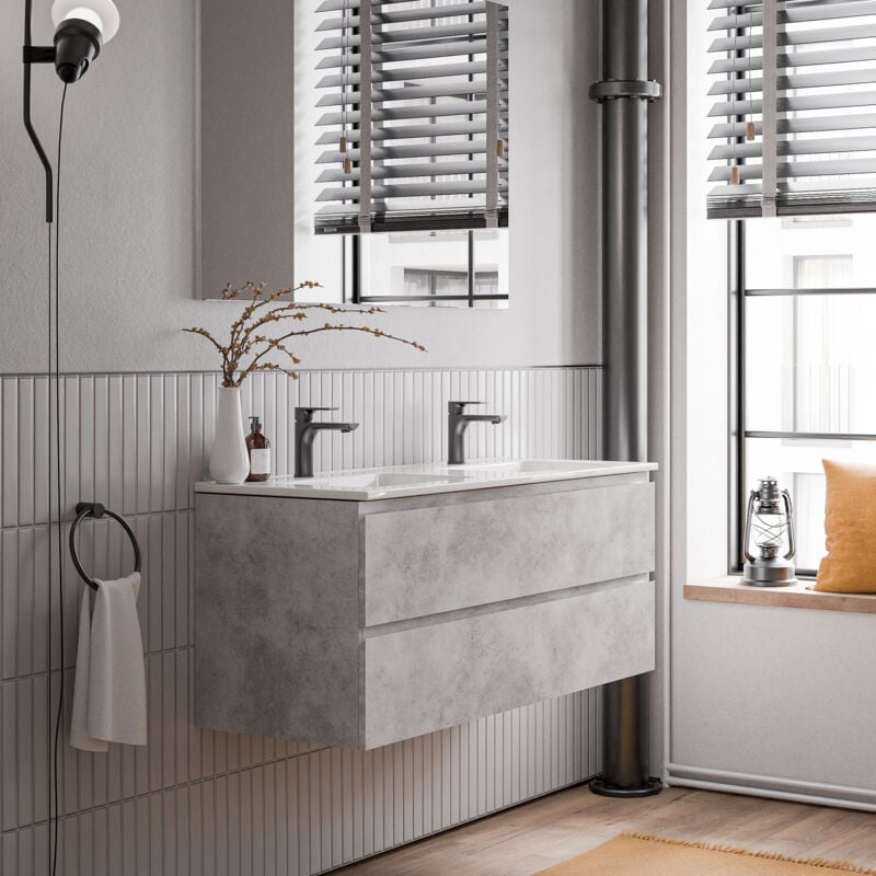 Petit meuble vasque de salle de bain mdf avec lavabo céramique - 120x45,6x50cm - ava - Couleur meuble, Couleur vasque : Béton, Blanc brillant