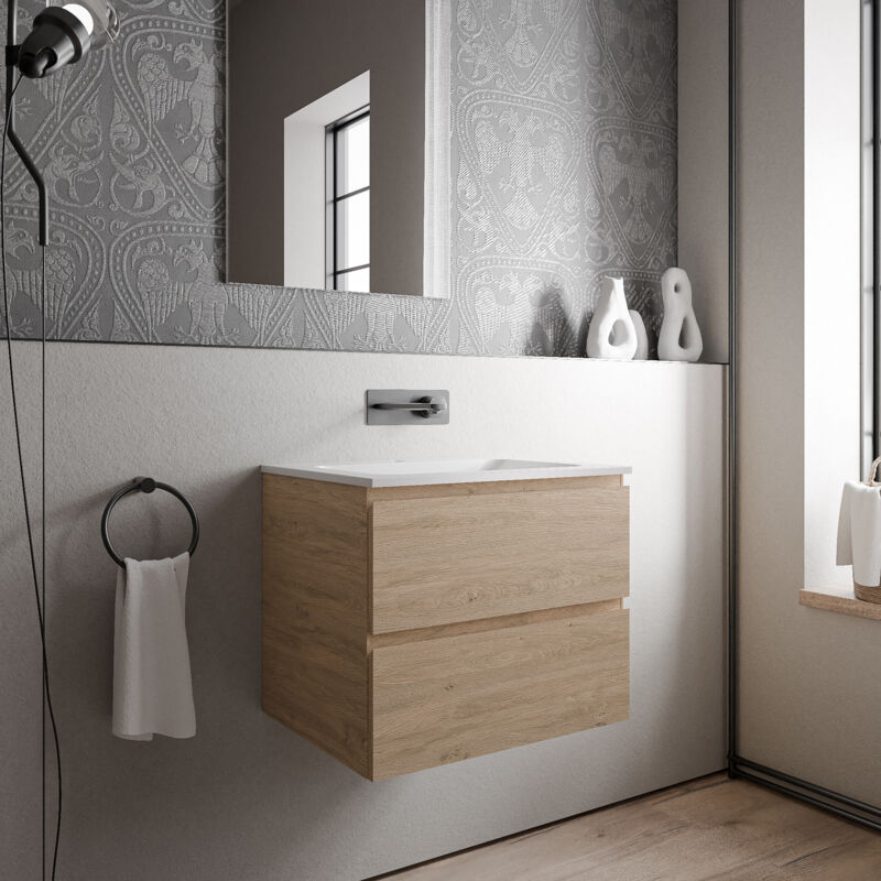 Petit meuble vasque de salle de bain mdf Chêne miel avec lavabo fonte minérale Blanc mat - 60x45,6x50cm - ava cream - Chêne Miel doré, Blanc mat sans