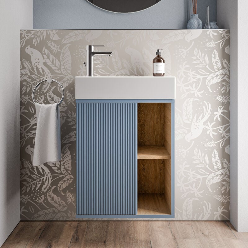 BERNSTEIN - Petit meuble vasque de salle de bain MDF lavabo céramique, charnière à gauche - 48,7x24,3x58,5cm - BELDIVO -Matt azure blue (en)