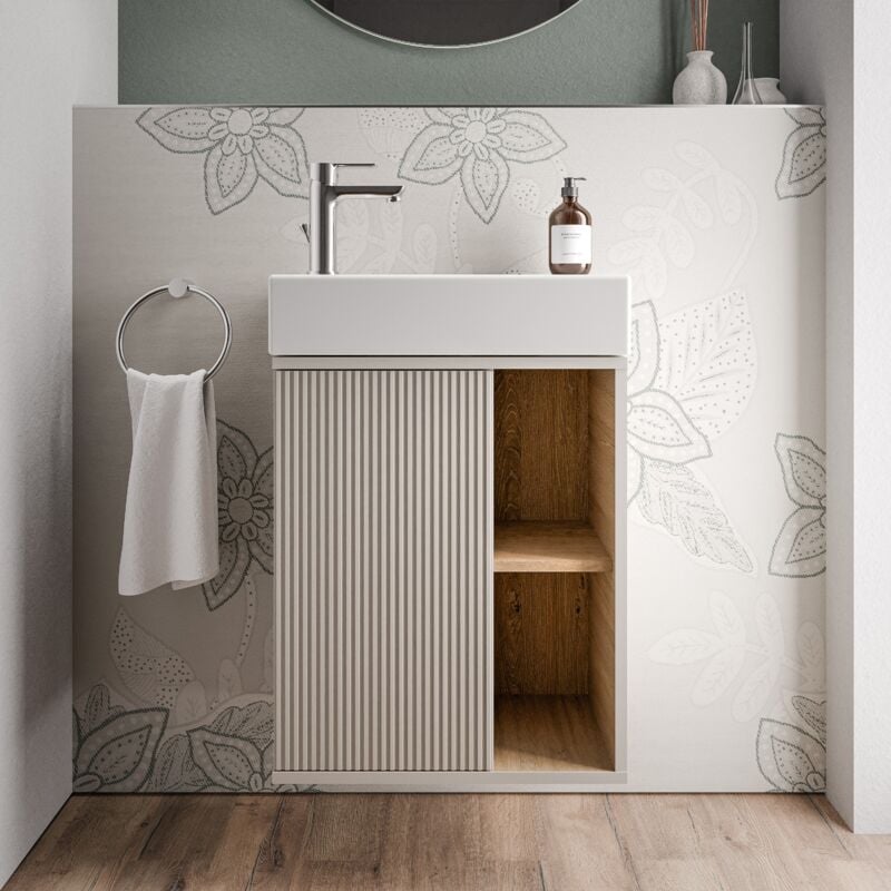 Bernstein - Meuble vasque Gris soie de salle de bain 55x24x59cm (LxPxH) 1 porte à gauche + 2 cases rangement - beldivo Gris soie mat