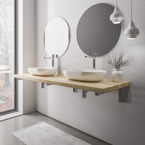 BERNSTEIN - Piano lavabo in rovere massello 160x52x7cm (LxPxA) + staffe di montaggio cromate - PUREWOOD 160 cm, cromo