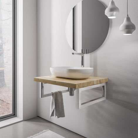 BERNSTEIN - Piano lavabo in rovere massello 60x52x18cm (LxPxA) + 2 portasciugamani cromati - PUREWOOD	60 centimetri, cromo