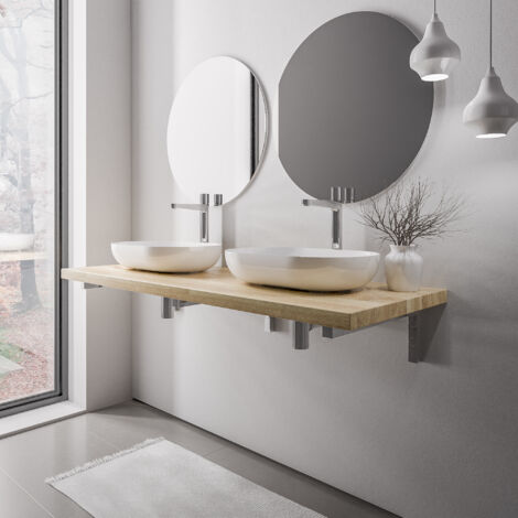 BERNSTEIN - plano de lavabo de roble macizo 140x52x7cm (LxAnxAl) + Soportes de montaje cromados - PUREWOOD 140cm, cromo