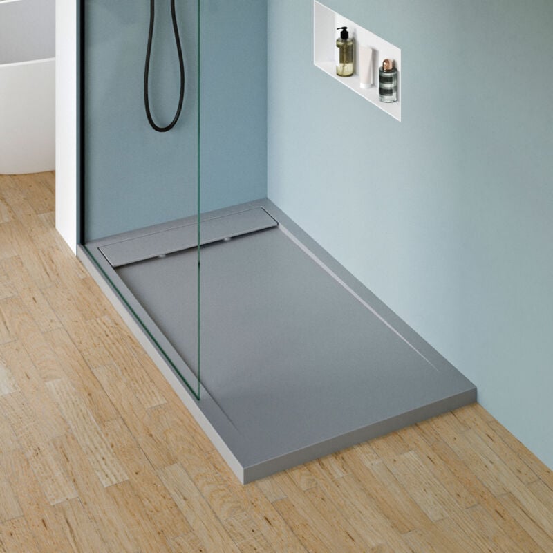 Receveur de douche fonte minérale, Bac à douche antidérapant Salle de bain, Pente écoulement et évacuation, Bords surelevés Avec système d'évacuation