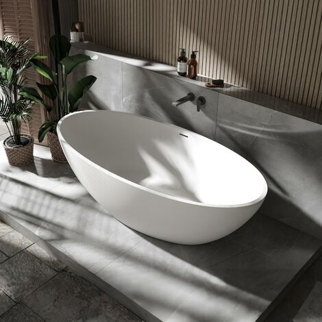 BERNSTEIN - Vasca ad isola RIO STONE in pietra massiccia (minerale fusa) - 180x85cm - Senza miscelatore, Senza scarico, Bianco opaco	Opaco