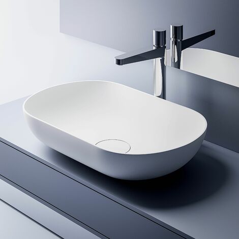 Bernstein – Vasque à poser en fonte minérale 54x34x13 cm – Surface lisse et antibactérienne – Bonde d'évacuation pop-up – Couleur blanc mat - O-541