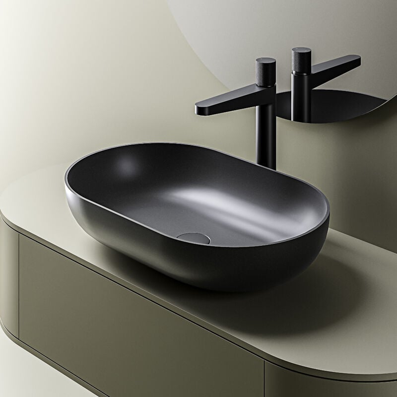 Bernstein - Vasque Lavabo design moderne à poser Lave main fonte avec bonde Salle de bain & toilettes - Noir Quartz - 54x34x12cm - Evier universel,