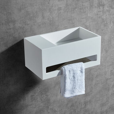 BERNSTEIN - Vasque Lavabo mural design moderne, Lave main fonte minérale Salle de bain & toilettes - Blanc mat - 35,5x20x16cm - BA2105 Sans cache couvercle supplémentaire, Espace de rangement à gauche