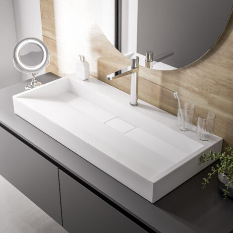 Lavabo mural / lavabo à poser en marbre artificiel BS6001 - blanc brillant - largeur sélectionnable