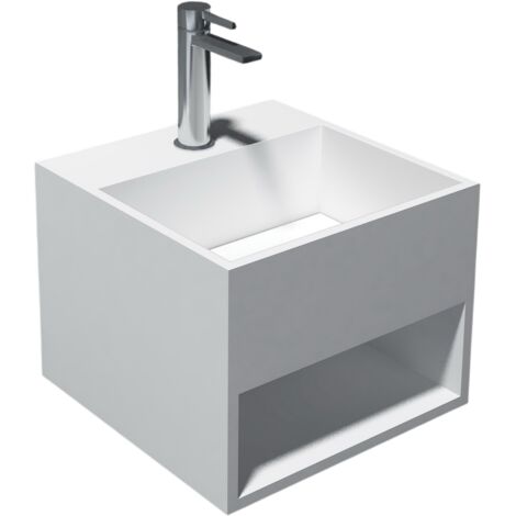 Bernstein – Vasque murale 32,5 x 32,5 x 25 cm – Résine de synthèse Solid Stone – Surface blanche mate – Compatible avec robinetterie apparente ou encastrée - PB2035