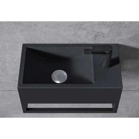 BERNSTEIN - Vasque murale suspendue design en fonte minérale lave-main pour salle de bain - 44x22x10cm - BA18 - Plusieurs options au choix Sans bonde Pop Up, Sans cache supplémentaire, Espace de range