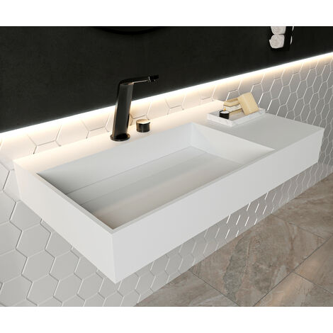 Bernstein – Vasque rectangulaire à suspendre – Pierre solide blanc mat – Dimensions 90 x 48 x 13 cm – Sans trop-plein – Convient à robinets DIN - PB2015