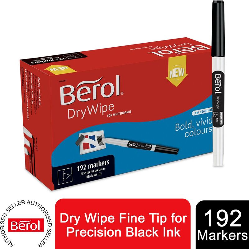Whiteboard Marker Dry Wipe Fine Tip for Precision, Black Ink 192 Pack - Berol