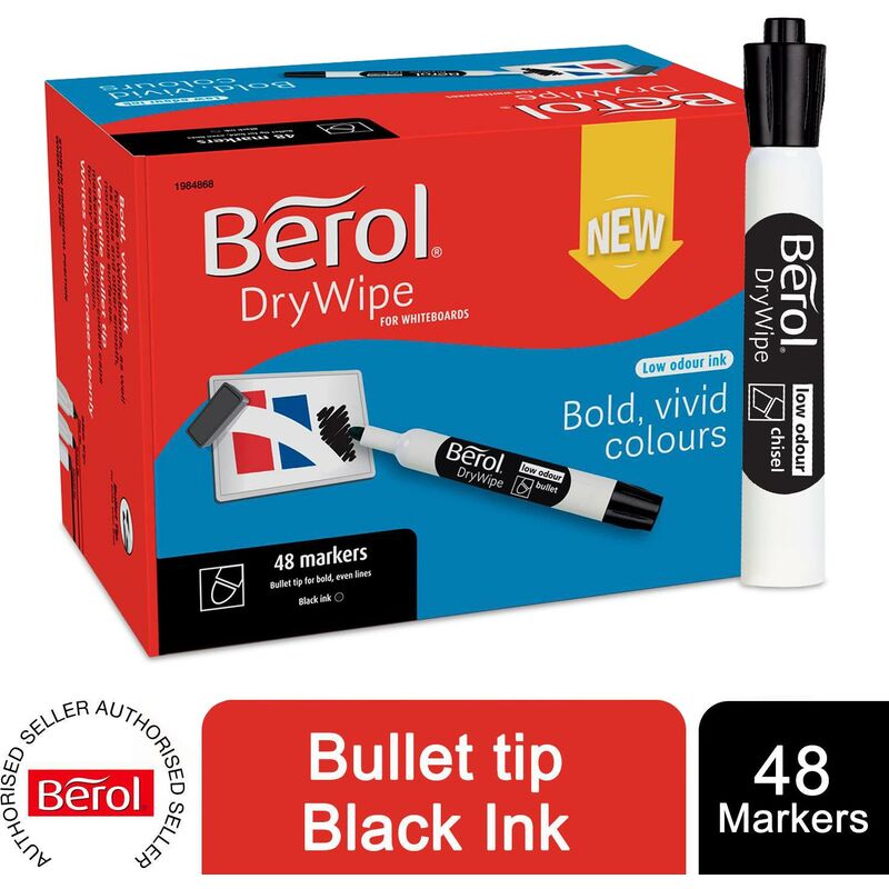 Whiteboard Marker DryWipe Bullet Tip for Bold Lines Black 48 Pack - Berol