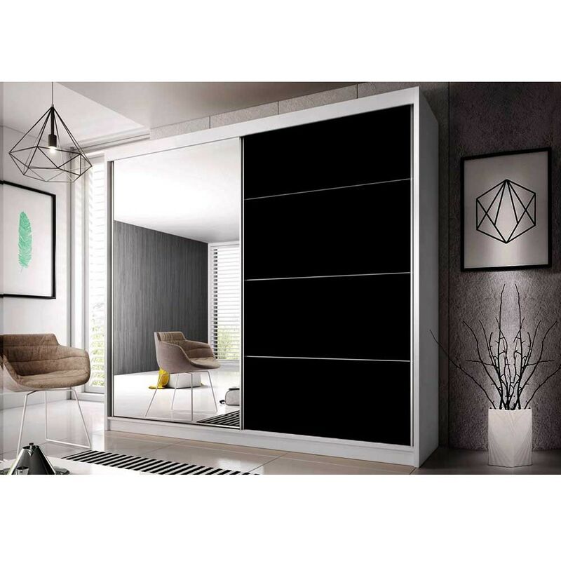 BERTO - Grande armoire à portes coulissantes - Miroir - 5 étagères + tringle - 218x203x61 cm - Noir