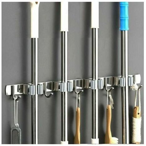 Besenhalter aus Edelstahl für die Garage, an der Wand montierter Moppständer, Aufbewahrungsbügelhalter für Küche und Waschküche (4 Schlitze und 5 Haken)