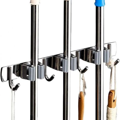 Besenhalter zur Wandmontage – Besenhalter aus Edelstahl, für Küche, Garage, Wäscheaufbewahrung (3 Schlitze und 4 Haken)