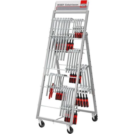 Bessey – Présentoir sur roulettes 90 pièces – Acier avec presse à vis fonte malléable – Serrage rapide 120 à 600 mm – Dimensions 50x60x146 cm