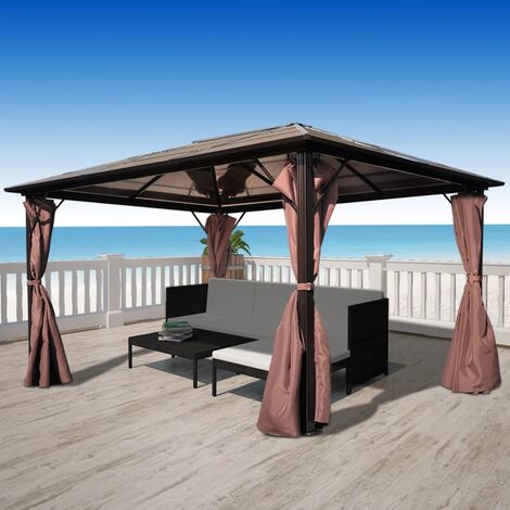 EASYCOMFORT Gazebo da Giardino 4x3m in Alluminio e Acciaio con Zanzariera e  4 Tende in Poliestere, Marrone