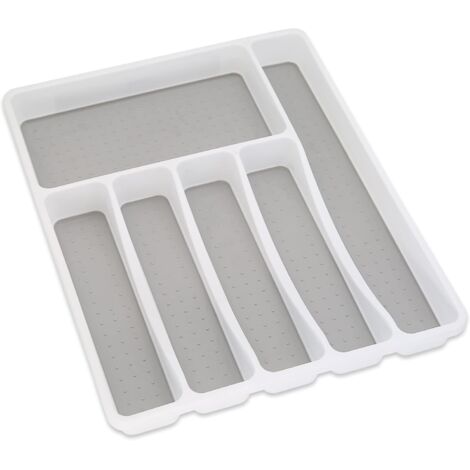 Besteckkasten mit 6 Fächern, Küchenschubladen-Organizer, 41 x 33 x 5 cm, rutschfeste Oberfläche, Weiß/Anthrazit