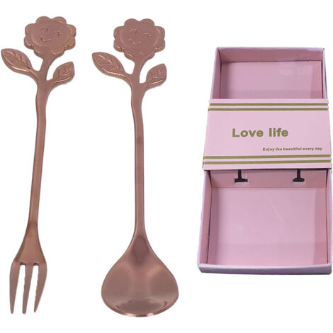 Besteckset aus roségoldenem Löffel und Gabel, elegantes und hochglanzpoliertes Design, komfortables Geschirr für Zuhause oder als Geschenk