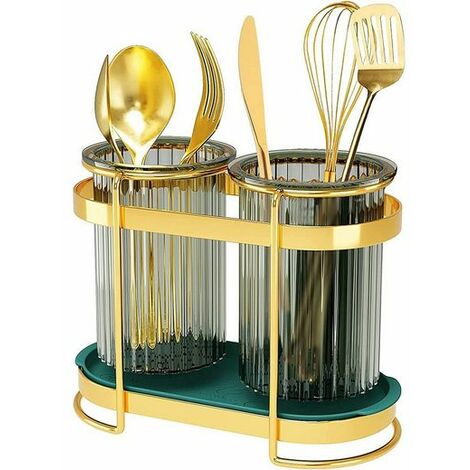 Besteckständer, Besteckhalter Küchenutensilienhalter, Besteckkasten, Utensilienhalter mit 2 Tassen-Trockenbehälter und Abtropfschale, Gold, KINSI