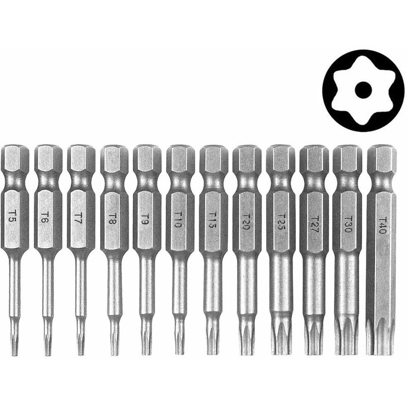 Image of Set di cacciaviti Torx con testa esagonale, T5-T40, 12 pezzi, 50 mm, 6,35 mm, in lega di acciaio al cromo-vanadio - Bestgle