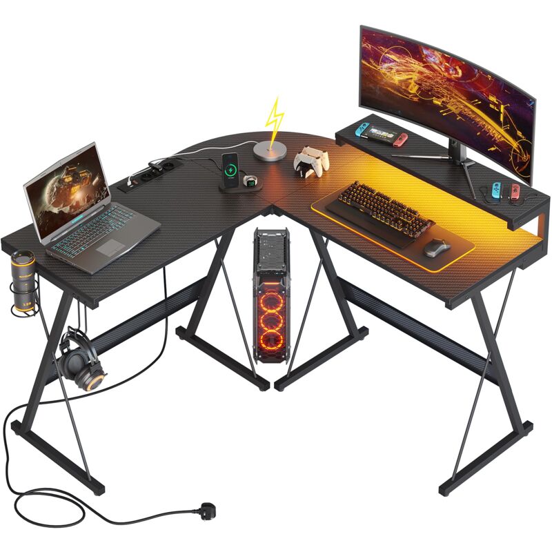 Bestier - Bureau D'ordinateur de Jeu en Forme de l avec Lumières led, Support de Moniteur, Bureau d'angle de 130cm