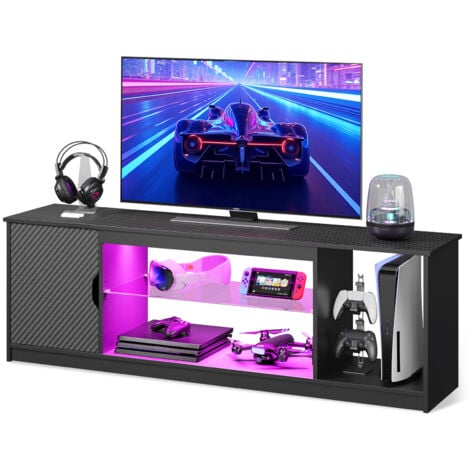 Bestier Meuble TV, Support TV LED 148cm pour TV de 55/60/65" avec Armoire, Fibre de carbone noire