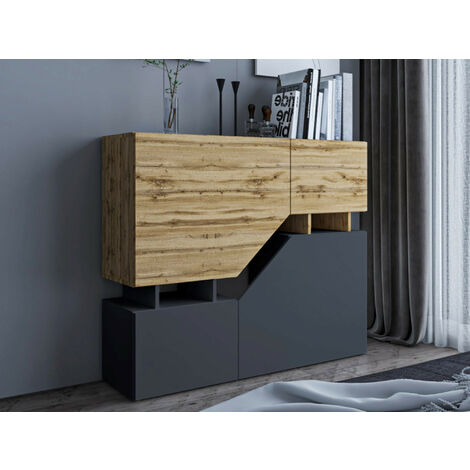 Bestmobilier – Buffet haut 120 cm – Style industriel – Panneaux de particules – Résistant à l'humidité – 4 portes et 2 étagères ouvertes