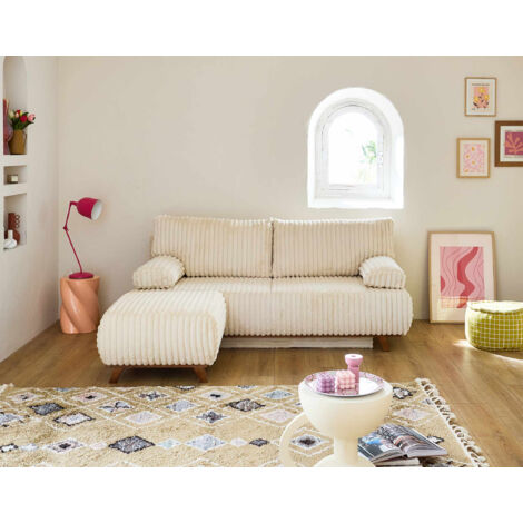 Bestmobilier – Canapé convertible 3 places avec coffre et pouf – Revêtement en fausse fourrure côtelée – Couchage 140x187 cm – Fabrication Europe