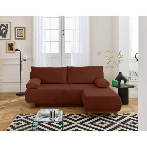 Bestmobilier – Canapé convertible 3 places avec coffre et pouf – Revêtement en velours côtelé – Couchage 140x187 cm – Fabrication Europe