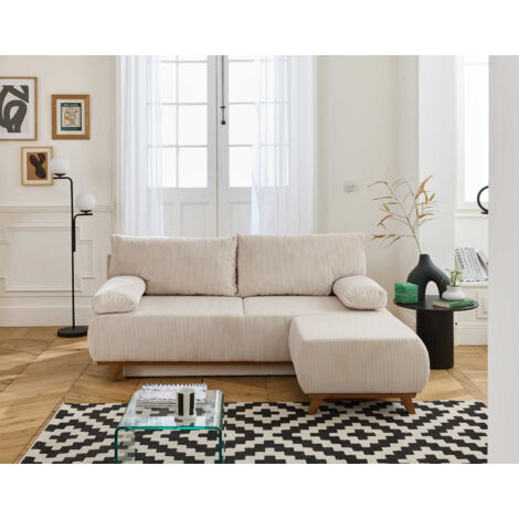 Bestmobilier – Canapé convertible 3 places avec coffre et pouf – Velours côtelé 100% polyester – Dimensions 193x84x96 cm – Couchage 140x187 cm