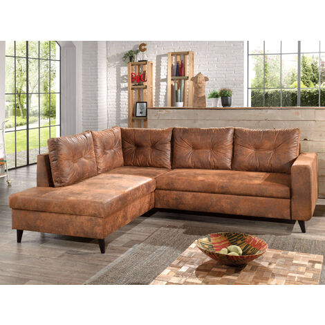 Bestmobilier – Canapé d'angle 5 places convertible – Microfibre marron vieilli – Coffre de rangement sous la méridienne – Style industriel vintage