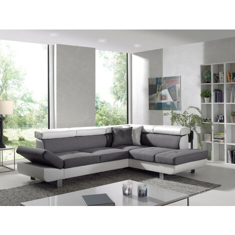 Bestmobilier – Canapé d'angle droit convertible 5 places avec têtières réglables – Couchage 185 x 125 cm – Revêtement tissu polyester et simili cuir