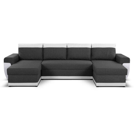 Bestmobilier – Canapé d'angle panoramique convertible 7 places – 2 coffres de rangement – Revêtement bi-matière tissu et simili – Fabrication européenne