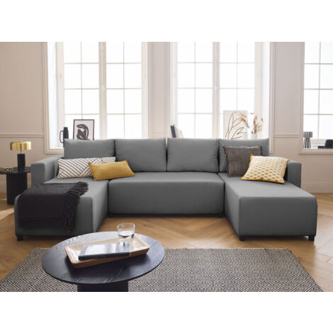 Bestmobilier – Canapé panoramique 7 places convertible avec coffre – Revêtement tissu doux – Design contemporain – Montage rapide en quelques minutes