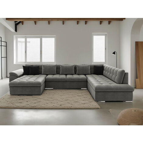 Bestmobilier – Canapé panoramique convertible 7 places – Coffre de rangement – Structure bois massif – Assises mousse 28Kg/m3 – Design contemporain 350 cm