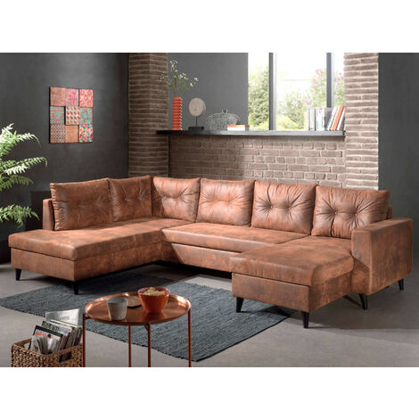 Bestmobilier – Canapé panoramique en U 7 places convertible – Revêtement microfibre marron vieilli – Coffres de rangement – Style industriel vintage