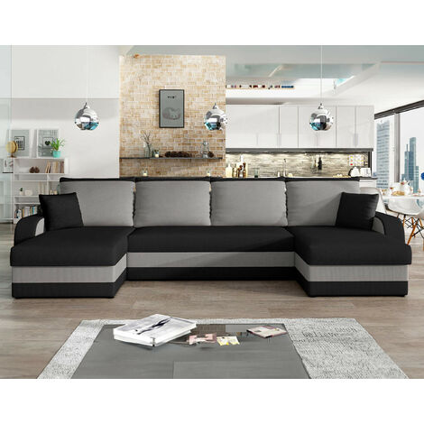 Bestmobilier – Canapé panoramique en U 7 places convertible – Velours bicolore – 3 coffres de rangement – Dossier rabattable – Fabrication Europe
