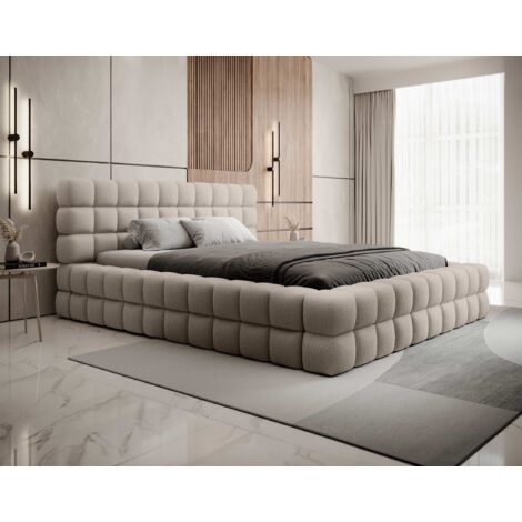 Bestmobilier – Lit coffre 160x200 cm – Tissu bouclette beige – Sommier inclus – Coffre de rangement – Structure panneaux de particules