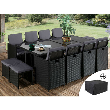 Bestmobilier – Salon de jardin encastrable 12 places – résine tressée noire – coussins déhoussables gris – housse de protection incluse